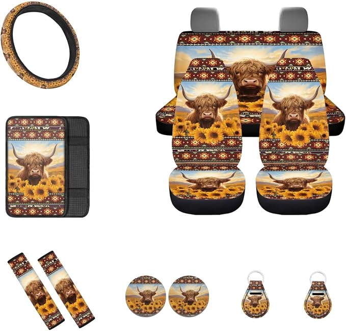 Highland Cow Sunflowers Car Seat Covers 12Pcs Highland Cow Auto Seat Protection Accessories Full Set with 15Inch Steering Wheel Covers Seatbelt Pad Keychain Coaster Armrest Pads