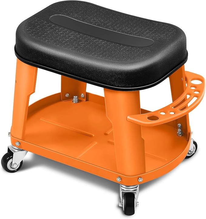 DNA Motoring Removable Rolling Garage Stool with Seat Cushion & Tool Tray Plate, 300lbs Max Weight Capacity, Orange, TOOLS-00479-OG
