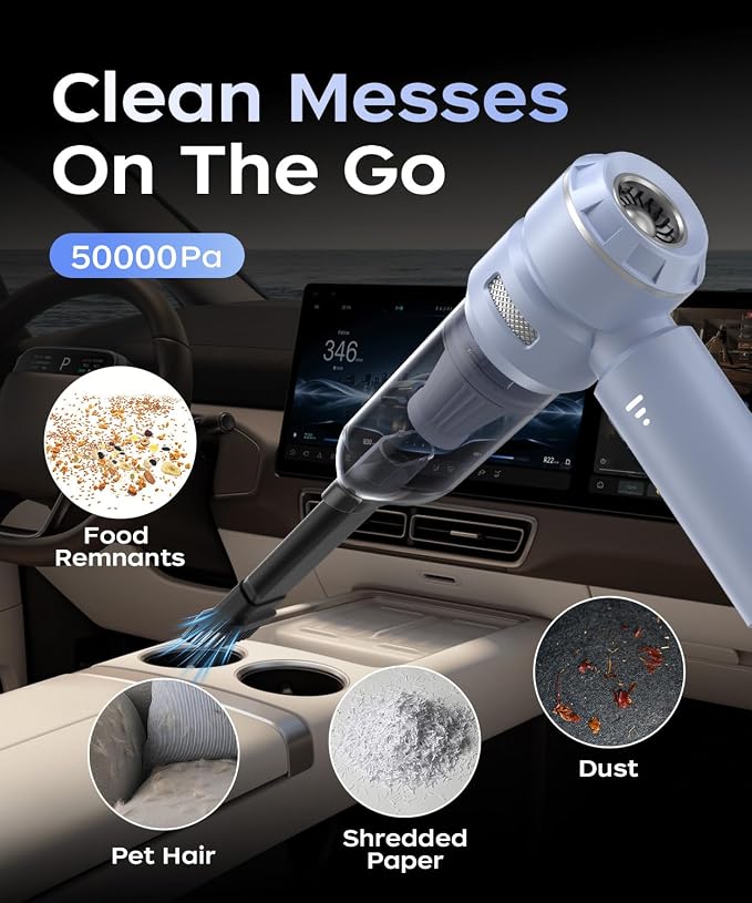 VNOST Car Vacuum,3 Suction Modes,Portable Mini Cordless Cleaner with 50000pa Suction Power,Type-C Charge,Handheld Vacuum for Home,Car,Birthday Gifts for Men Dad Husband(Blue)