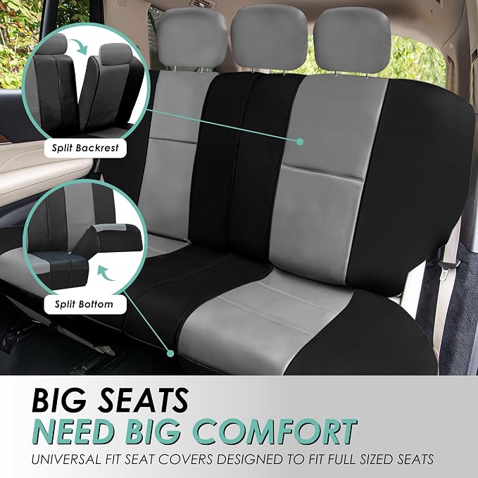 FH Group Car Seat Cover Airbag Compatible Full Set Gray Black Premium PU Leather - Split Bench Combo Vinyl Floor Mats Seat Covers Interior Accessories Universal Fit for Cars Trucks SUV