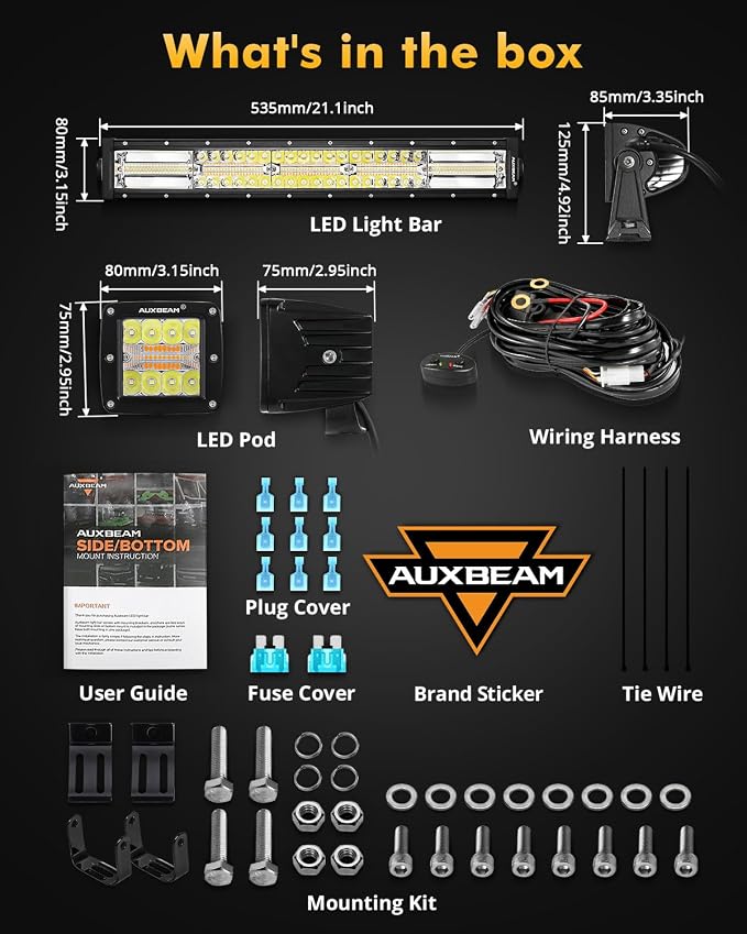 Auxbeam 22-Inch LED Light Bar & 3-Inch Cube LED Pods Combo Set 3-Pack | 6 lighting modes series, Amber white dual-color strobe lights, Spot flood combo beam, Flashing offroad fog lights