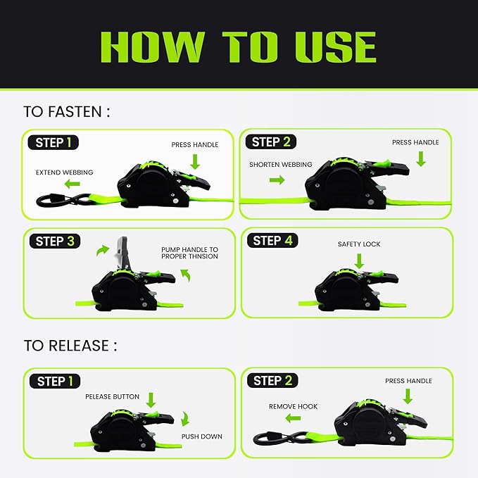 Retractable Ratchet Straps (4-Pack) - Heavy Duty Auto Slow Retraction Tie Down Straps - 1 Inch x 13 Feet (1,800lb Break Strength) for Truck, Cargo Trailer, Motorcycle, ATV, UTV - Fluorescent Green