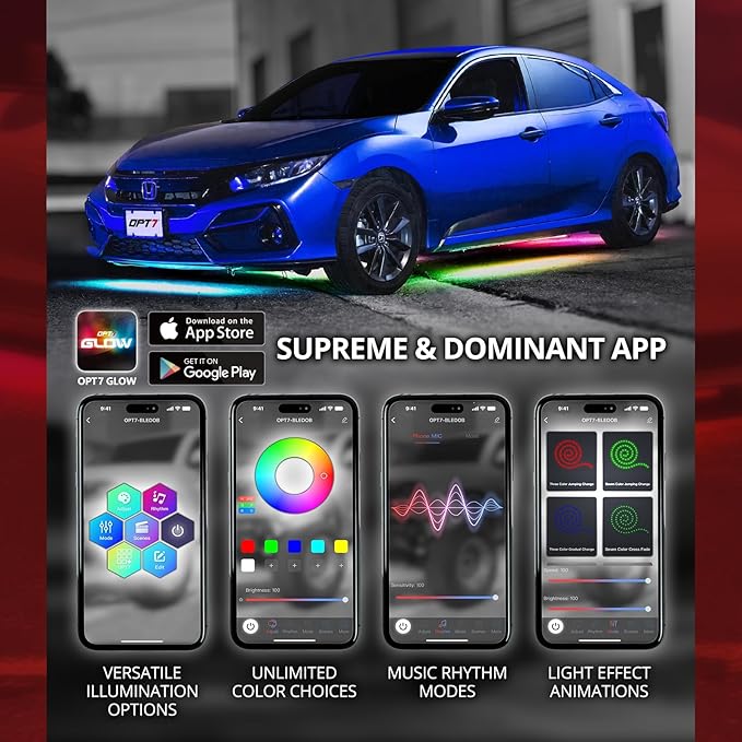 DreamColor Interior & Underglow RGB-IC LED Chasing Lights Bundle Kit with APP & Remote, Neon Accent Under Dash Lights for Car Accessories, Ambient Music Modes, 8PCS Flexible Light Strips