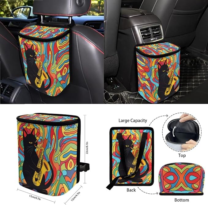 Rainbow Cat Jazz Print 15 Pack Car Seat Cover Set with Steering Wheel Covers Seatbelt Strap Pad Garbage Cans Rear View Mirror Cover Coasters Key Chain Universal Fit