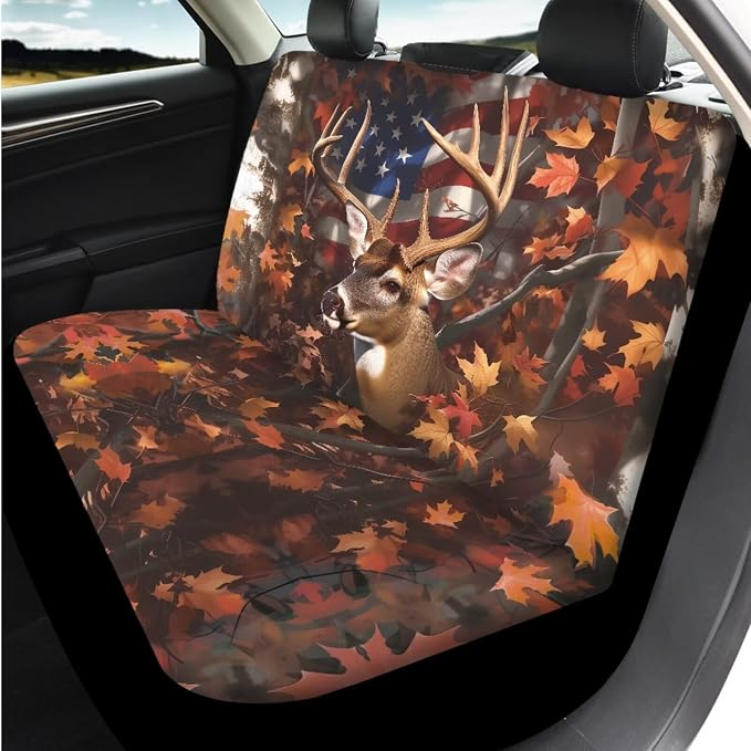 Bulopur Deer Hunting Camo Auto Seat Covers Front And Backseat with Patriotic Automotive Steering Wheel Cover Cloth Armrest Cushion Pad Anti-Scratch Seat Headrest Cover 14 Piece Car Interior Decor Set