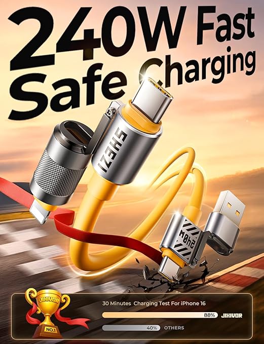 240W USB C to Lightning Cable(5FT), 4-in-1 Charging Cable for Car, USB-A/C to Lightning/Type-C for iPhone Air 17 16 Pro Max/Samsung/MacBook/iPad/Switch, Multi Cords Charger for All Devices