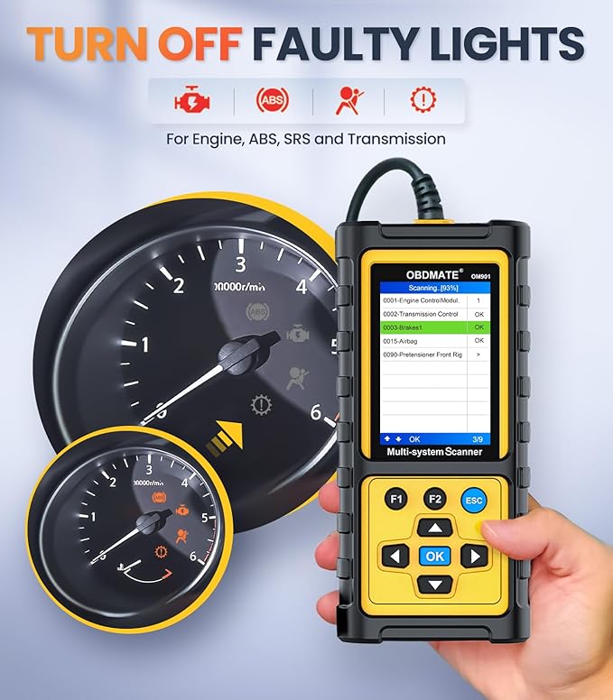OBD2 Scanner with ABS SRS Transmission, Reset Fault Lights | Check Engine Code Reader with Full OBDII Functions | DLC Pin Test | Battery Voltage Check, Car Diagnostic Tool