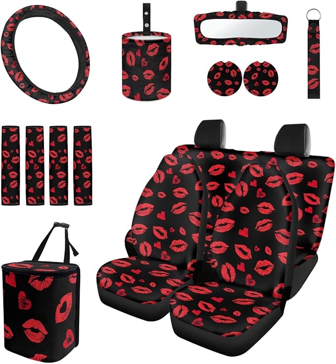 15 Pcs Red Lip Car Seat Covers Full Set for Women Car Accessories Interior Car Steering Wheel Cover Seatbelt Covers Trash Bin Rear View Mirror Cover Cup Holders Keychain