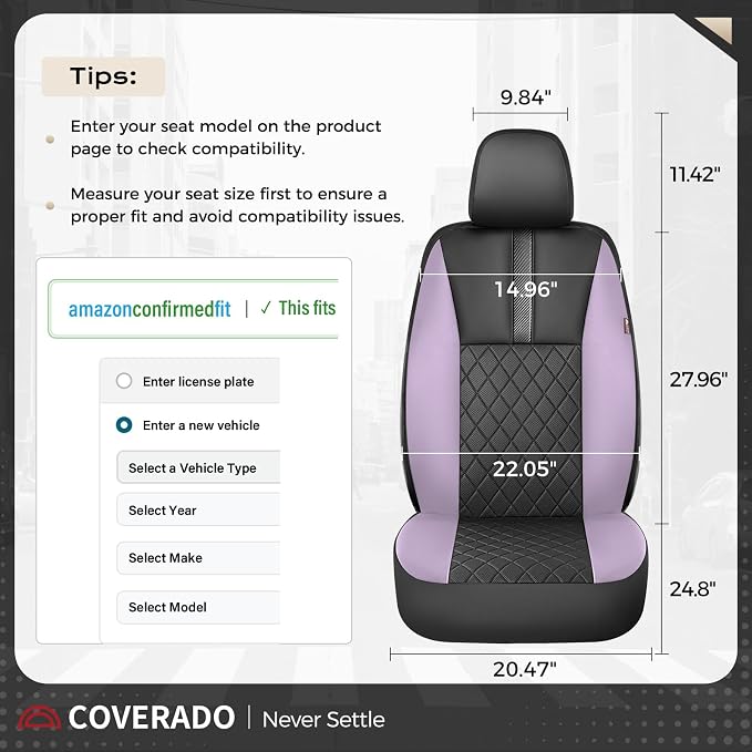 Coverado Car Seat Covers Front Pair, Automotive Leather Seat Covers for Car，Universal Fit Front Back Seat Cover, Non-Slip Waterproof Breathable Car Seat Protector