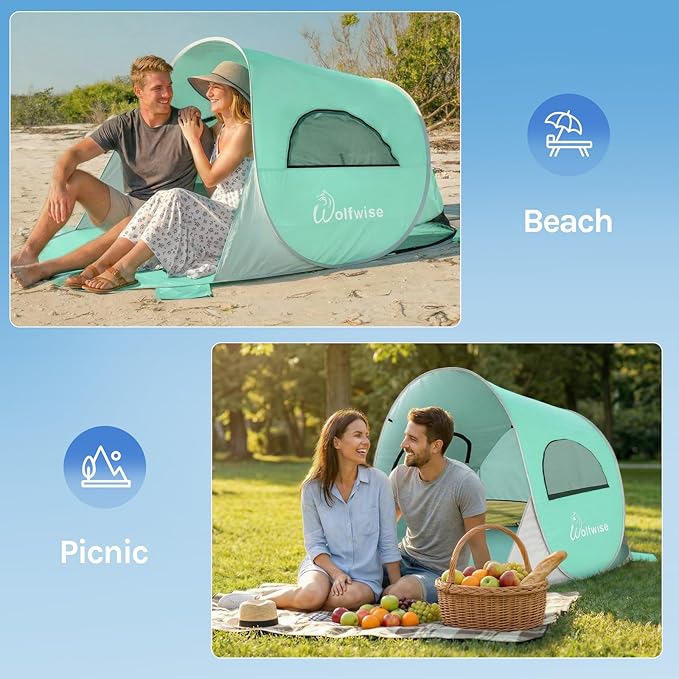 Wolfwise Pop up Beach Tent Sun Shelter with UPF50+ UV Protection, Instant Easy Setup Popup Beach Shade Canopy for 2 Person, Portable & Foldable with Carring Bag, 79 ×49×38 in, Mint Green