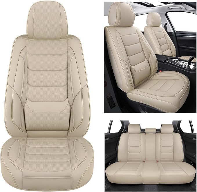 Leather Car Seat Covers Full Set Breathable Automotive Seat Covers Waterproof Seat Protectors Fit for Most Automotive Cars SUV Trucks Vehicle (Beige, Full Set)