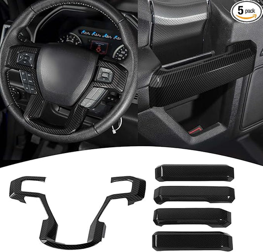 for F150 Inner Door Grab Handle Trim Cover Steering Wheel Panel Trim for Ford F150 2015-2020 Carbon Fiber Interior Accessories 5pcs