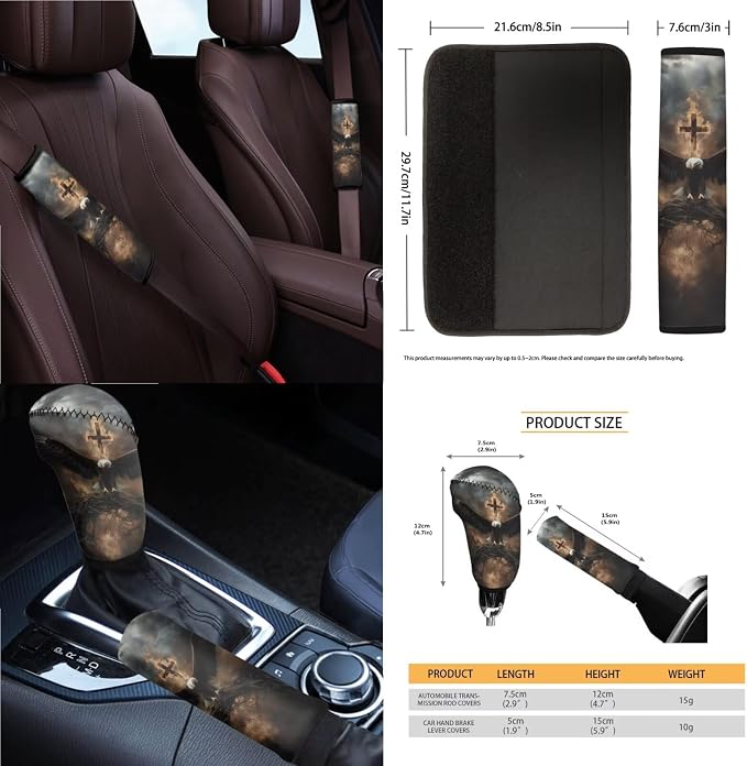14Pcs Car Seat Covers Full Set Eagle Fire Cross Print Car Front Back Seat Covers with Steering Wheel Cover Armrest Cushion Safety Belt Pads Rearview Mirror Cover, Easy to Install