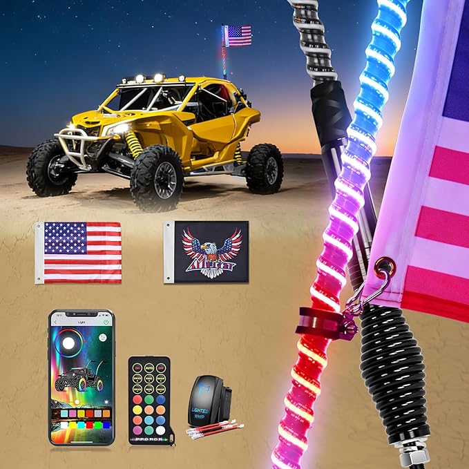 Nilight LED Whip Light 1 PC 4FT COB RGB Spiral Lighted Antenna with Spring Base, Bluetooth App & Remote Control DIY Chasing Patterns & Music Sync Safety Whips for ATV UTV RZR Polaris Can-Am Truck