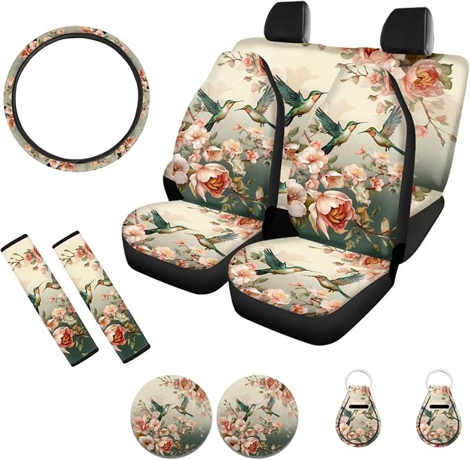 POLERO Floral Hummingbird Seat Covers for Cars for Women Cute Car Accessories Aesthetic Seatbelt Covers Steering Wheel Cover Set 11pcs