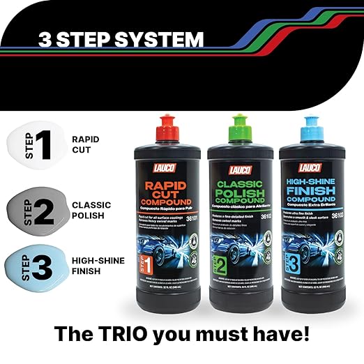 LAUCO 3-Step Kit – Steps 1 2 3 – 32oz, with a Towel, Professional Silicone-Free Cutting, Polishing & Finishing Compounds for Scratch Removal, Clear Coat Safe High-Gloss Finish 36454