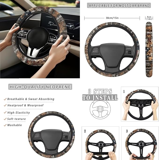 15 Pcs American Flag Deer Car Seat Covers Full Set for Women Cute Car Accessories Interior Car Steering Wheel Cover Seatbelt Covers Trash Bin Rear View Mirror Cover Cup Holders Keychain