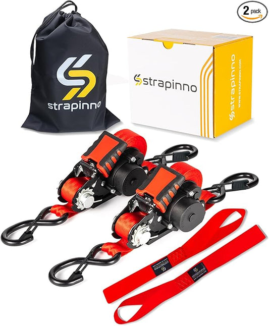 Strapinno Retractable Ratchet Straps - 1 in x 12 ft Heavy Duty Tie Downs, 1800lbs Breaking Strength Each, S Hooks with Safety Clip, AutoRetract, for Moving, Motorcycle, Boat, Kayak, and Cargo (2)
