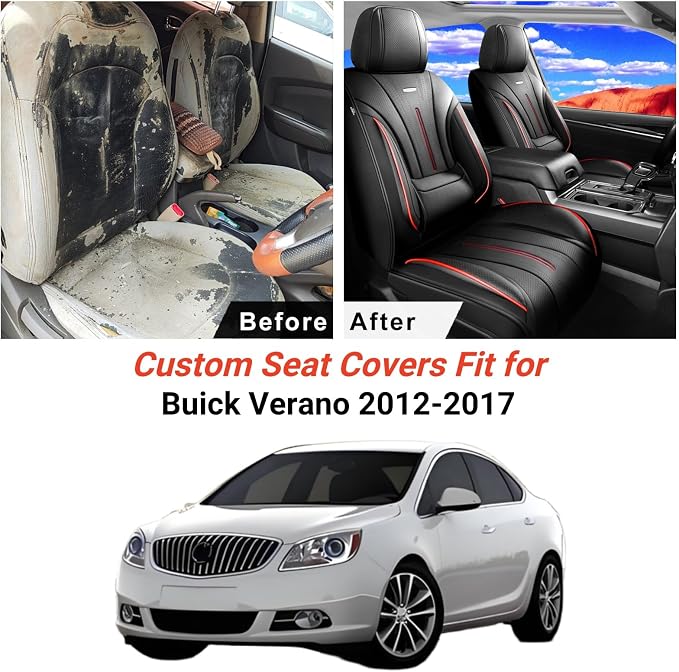 Fit Verano Car Seat Covers (Front Pair) for Select Buick Verano 2012-2017 - Premium Full Coverage Leather, Airbag Compatible, Waterproof & All Weather Seat Cushion Protector, Red Trim