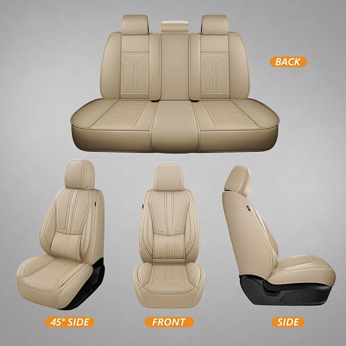otoez Car Seat Covers Full Set, 5 Seats Nappa Leather Seat Cover for Car, Breatheable and Waterproof Seat Protector Full Coverage, Universal Automotive Seat Cushion for SUV Truck Seden, Beige