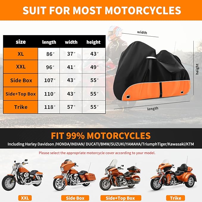 Trike Cover, 420D Outdoor Waterproof Three Wheeler Cover with Ventilation Holes and Reflective Strips, Suitable for Trike Models Freewheeler, CVO Version, Tri Glide, Chieftain, Goldwing Orange