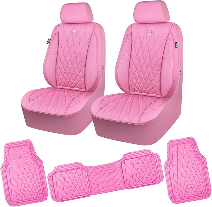 CAR PASS Piping Luxury Leather Two Front Car Seat Covers and 3 Piece Heavy Duty Deep Dish All Weather Rubber Car Floor Mats, Universal Fit for 95% Sedan SUV Van Truck, All Pink