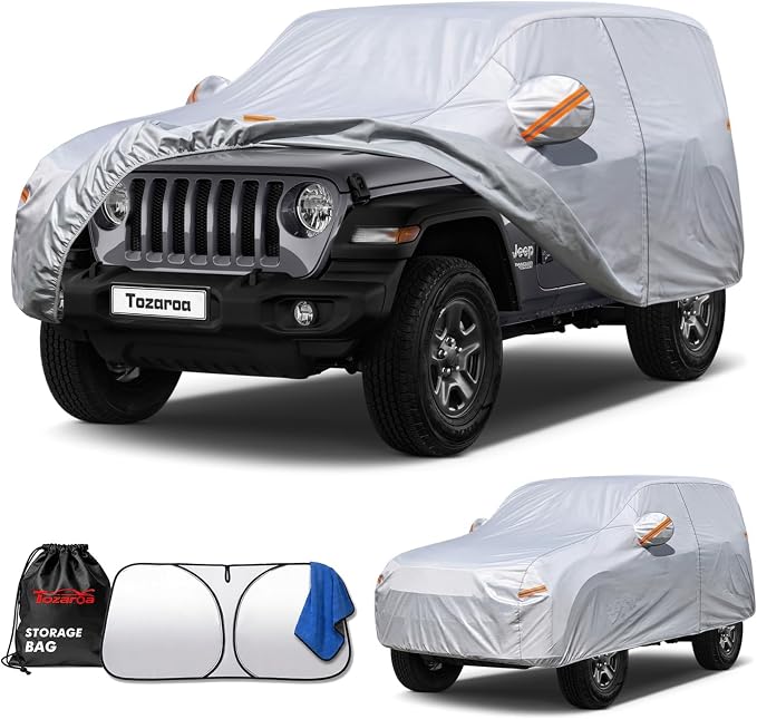 Car Cover Waterproof All-Weather,Heavy-Duty Outdoor Full Exterior Automobiles Snow Cover for Jeep Wrangler 2 Door CJ JK JL(1987-2026),with Windshield Sun Shade,Towel&Storage Bag