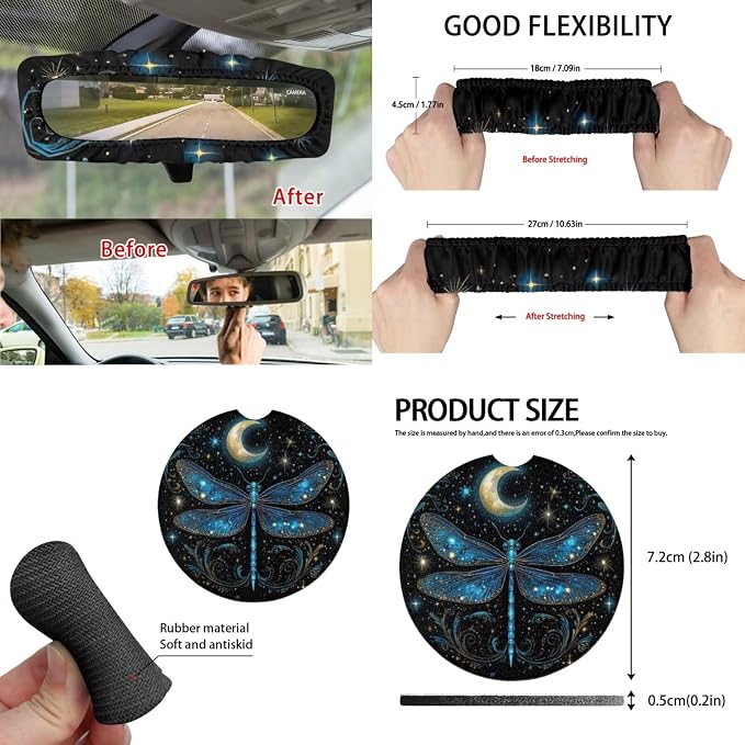 Dragonfly Moon Car Seat Covers Full Set for Women Goth Car Accessories - Steering Wheel Cover Seat Belt Pads Car Coasters Trash Bag Rearview Mirror Cover Keychain