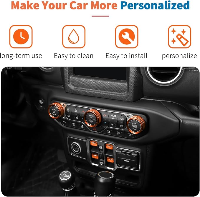 JeCar for Jeep Wrangler JL & Gladiator JT Window Switch Button Knob Cover Trim Kit, Orange Aluminum Interior Decoration Accessories (2018–2024 2025+), 8pcs