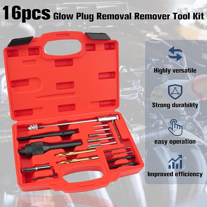 16PCS Glow Plug Removal Tool Kit, Professional Broken and Damaged Glow Plug Remover, Extractor Set with Complete Accessories for Cylinder Heads 0.3” 0.4”
