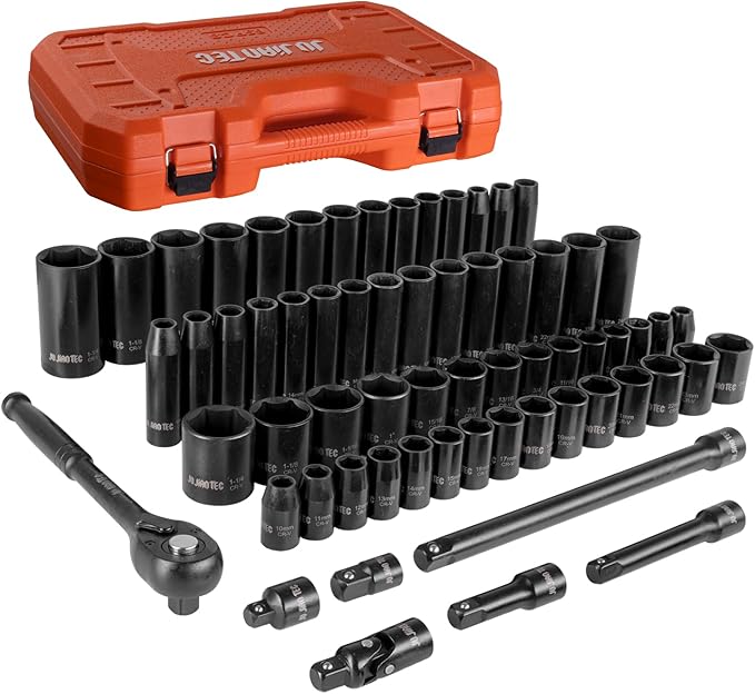 1/2" Drive Master Impact Socket Set, 65 Piece, with Adapters & Ratchet Handle, Standard SAE (3/8"-1-1/4") & Metric (10-24 mm) Sizes, Deep & Shallow Kit, Cr-V Steel, with Molded Case