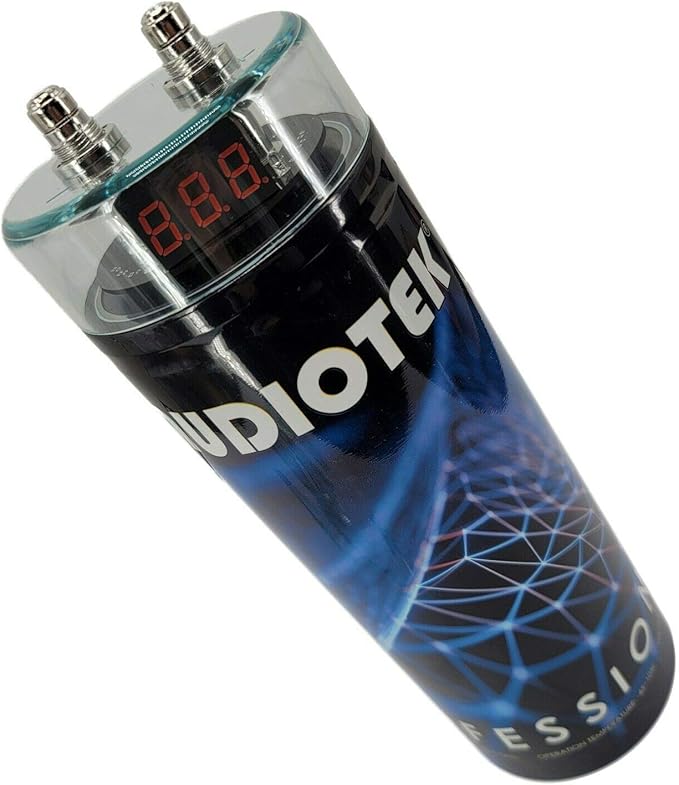 AUDIOTEK 3.5 Farad Round Capacitor, 12 Volts, 3500 Watts, Digital Voltage Display, Chrome Plated Battery Post, Car Audio Capacitor