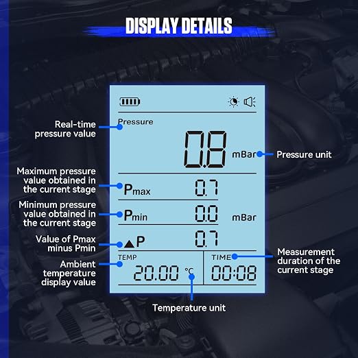 AUTOOL Digital Exhaust Back Pressure Gauge, Exhaust Back Pressure Tester Kit -500~2000mBar for Gasoline Diesel with Adapters & Hoses, Data Holding, Backlit Screen (PT670)