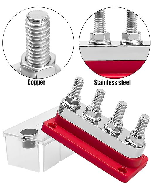 GMURA Bus Bar Terminal Block 12-48V 600A Max, 4 M10 Studs (3/8") High Current Copper Busbar Terminal Block with Waterproof Cover, Marine Heavy Duty Bus Bar Power Distribution Block, Red