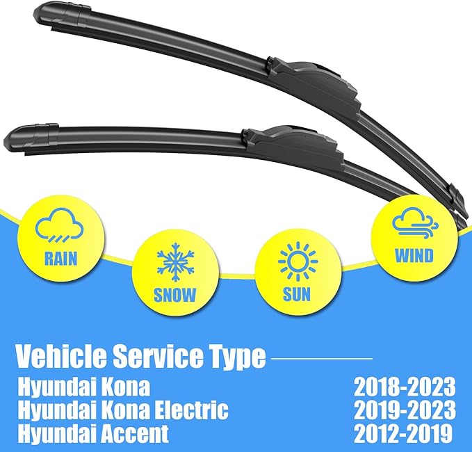 Gavimnal® 26"+16"+11" Silicone Wiper Blades Replacement For Hyundai Kona 2018-2023,All-Season Front Rear Windshield Wiper Blades(Set of 3)