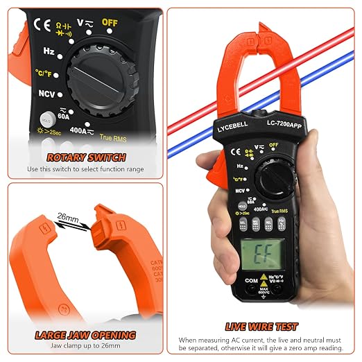 6000 Counts Clamp Meter & Bluetooth, Digital AC DC Voltage Current Amp Ohm Meter TRMS NCV Detector, Clamp Multimeter for Resistance Diode Continuity Temperature Car Electrical Tester 7200-APP