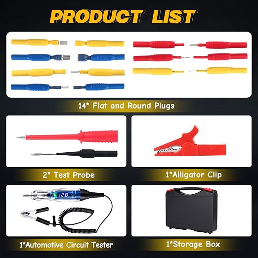 Test Light Probe Kit, 3-72V DC LED Digital Automotive Circuit Tester with Voltmeter, 18 Pieces Multi Function Auto Fuse Voltage Tester Electric Probe Test Kit