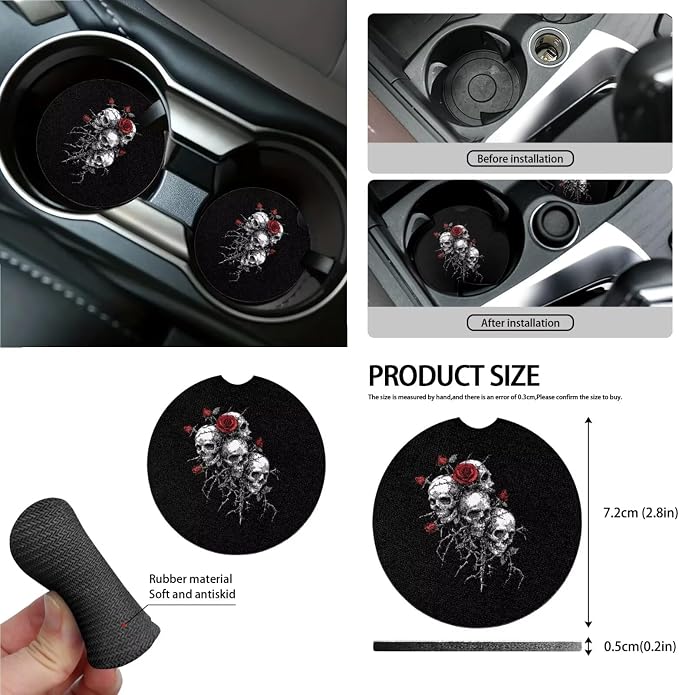 Skull Rose Pattern Car Accessories Set of 15, Full Set Seat Covers with Car Steering Wheel Cover Seatbelt Strap Shoulder Pad Coasters Trash Can Air Vent Storage Bag