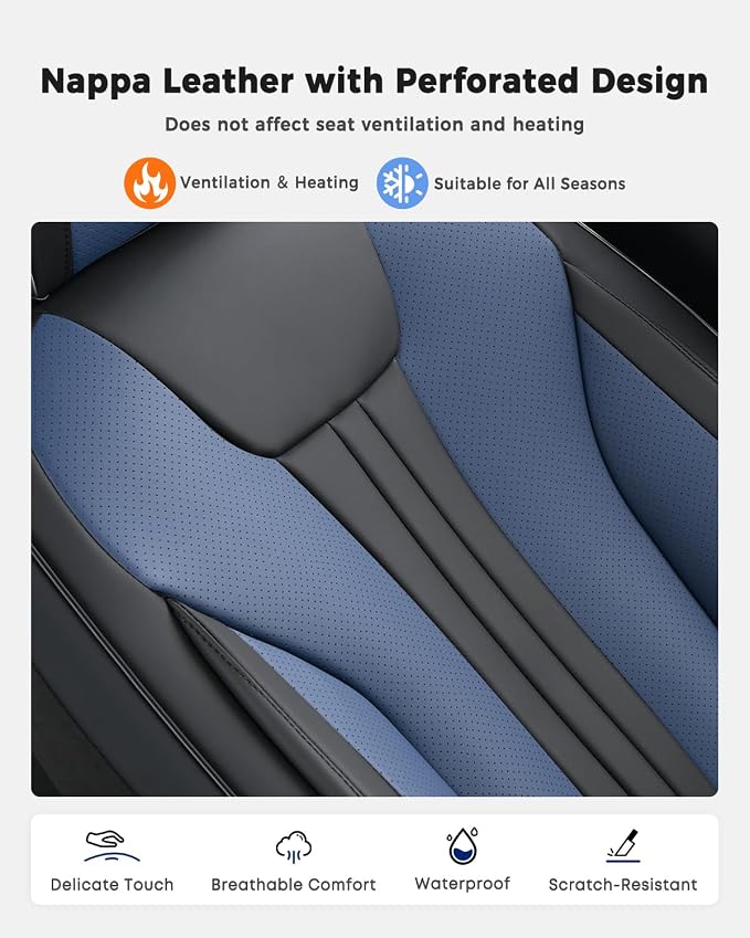 Huidasource Universal Car Seat Covers, Waterproof Faux Leather, Airbag Friendly, Easy Installation, Unobstructed Cup Holders, Scratch Resistant for Family Trips, Black & Blue