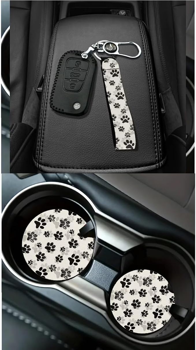 Dreaweet Dog Paw Car Seat Covers Full Set for Women Dog Lover Cute Car Accessories Seat Covers Front and Back Steering Wheel Cover Seat Belt Pads Coasters Trash Bag Vent Storage Pouch Keychain,15 Pcs