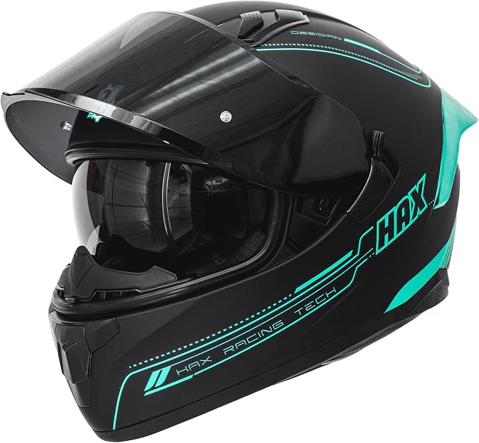 HAX Obsidian Full Face Dual Visor Adult Motorcycle Helmet for Motorbike Street Bike with Pinlock Ready DOT Approved Matte Black Aqua XXL