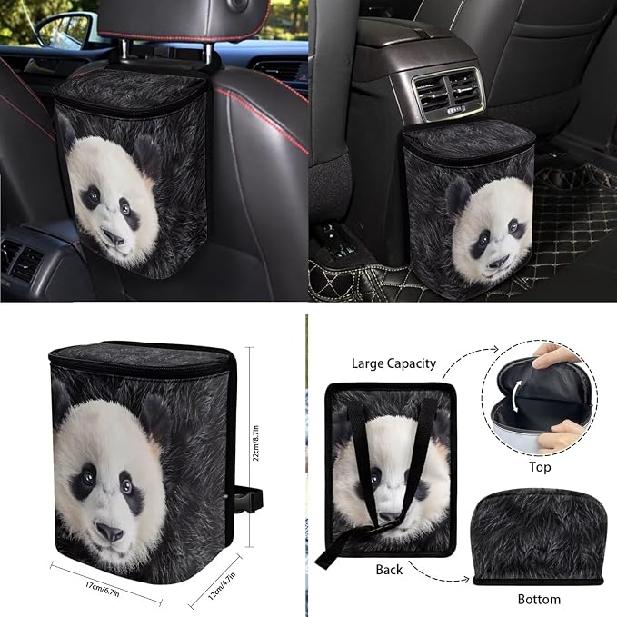 Panda Pattern Auto Accessories Set of 10, Front and Back Seat Covers for Car Steering Wheel Cover Cup Coasters Air Vent Pounch Bag Lanyard Keychain Car Trash Bin for Women Men