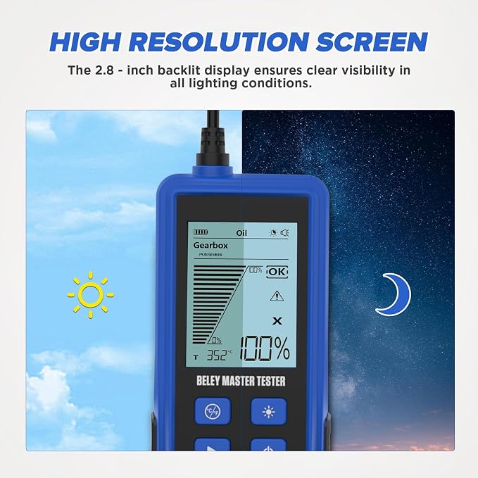 PLAYOCCAR Transmission Fluid Tester Automotive Digital Oil Quality Test Detector Gasoline & Diesel Gearbox Oil Diagnostic Tool with Temperature Sensor,31.5in Hose 2.8in Backlight Display