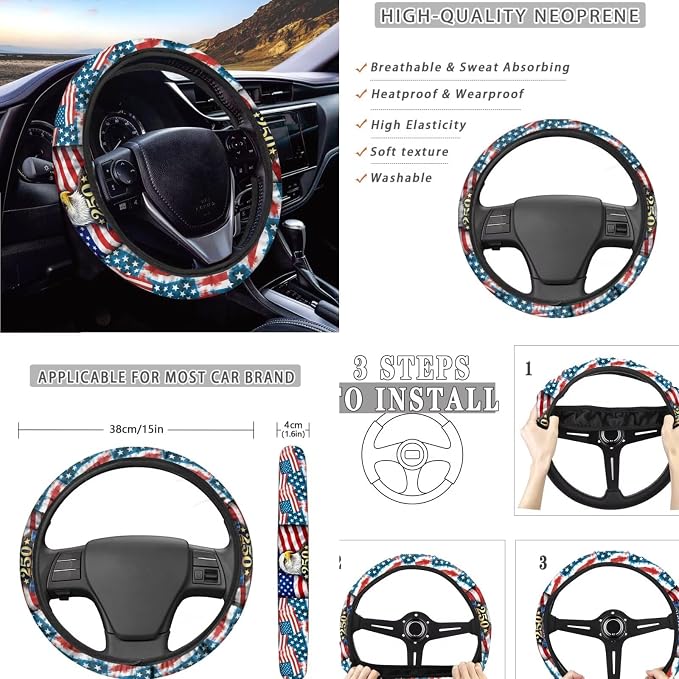 USA 250 Years Flag & Eagle 11-Piece Car Seat Cover Set, Patriotic Auto Accessories, Breathable & Washable for Cars, Trucks & SUVs with Steering Wheel Cover and Seatbelt Pad Covers