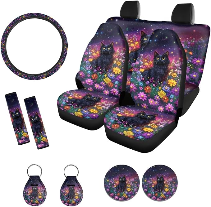 Suobstales Galaxy Cat Daisy Print Car Accessories Car Seat Covers Full Set of 11, Auto Interior Cover Seat Protector with Steering Wheel Cover, Seat Belt Pads, Coaster, Keychains
