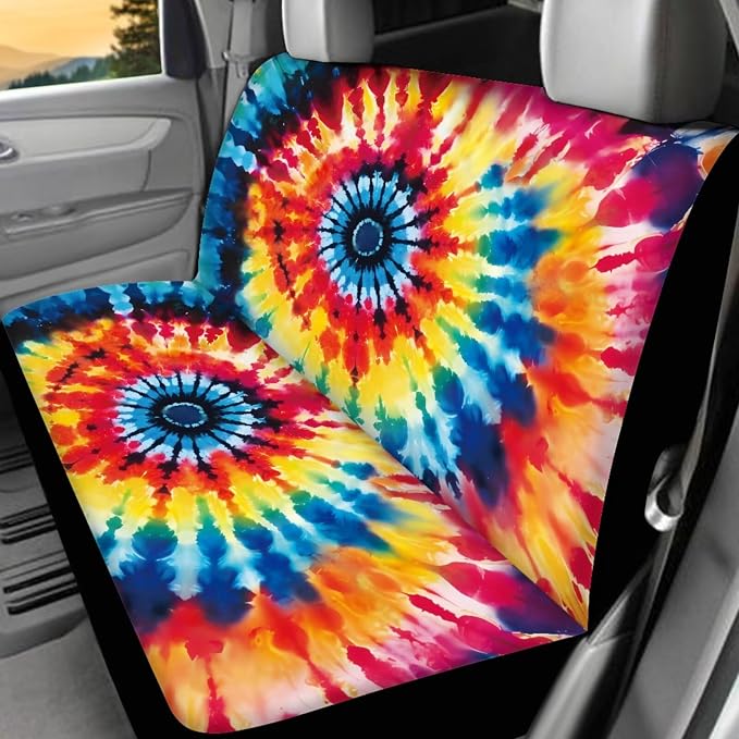 17Pcs Tie Dye Car Seat Covers Full Set with Front and Split Rear Bench,Steering Wheel Cover,Heavy Duty Floor Mats Colorful Tie Dye Car Accessories for Women Universal Fitf or Most Car SUV