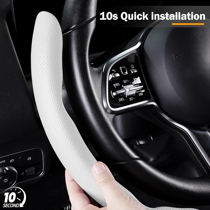 Nappa Leather Car Steering Wheel Cover for Men Women, Ultra-Thin Non-Slip Breathable Microfibre, Universal for 14.5"-15" Steering Wheel - White