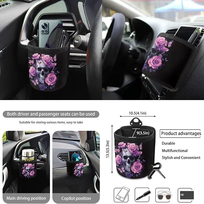 Skull Rose Pink Print 10 Pack Car Seat Covers Set Wear-Resistan Front Rear Seat Covers, Steering Wheel Cover, Air Vent Storage, Garbage Can, Cup Coaster, Keychain for SUV Truck