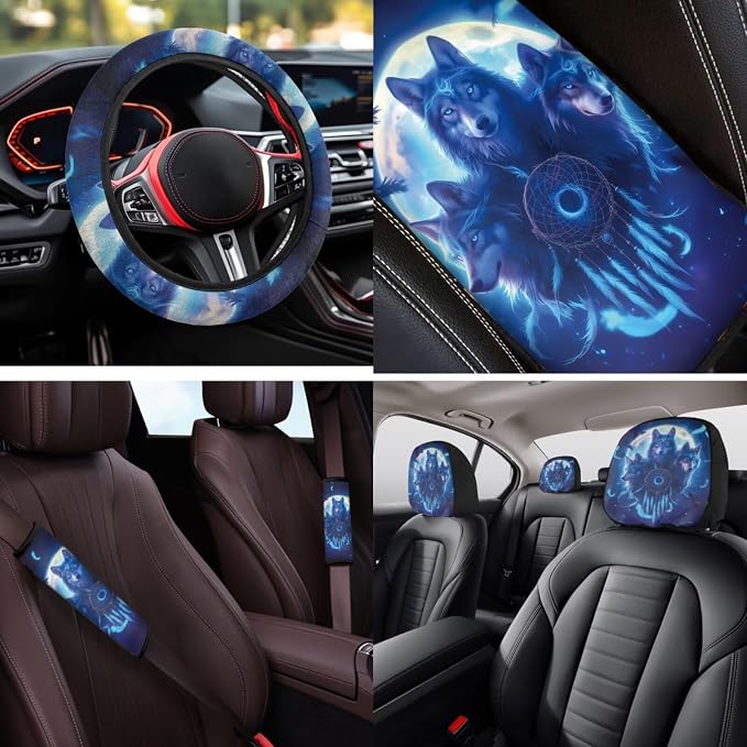 Bulopur Wolf Dreamcatcher Vehicle Seat Covers Set with 15 Inch Steering Wheel Cover Breathable Center Console Cover Seat Headrest Covers Seat Belt Pads Car Interior Accessories Set for SUV Van Sedan