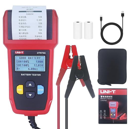 UNI-T UT675A 12V/24V Car Battery Tester with Printer, 40-2000 CCA Automotive Battery Load Tester, Battery Analyzer&Checker Alternator Tester for Car Truck Motorcycle, USB Data Transfer